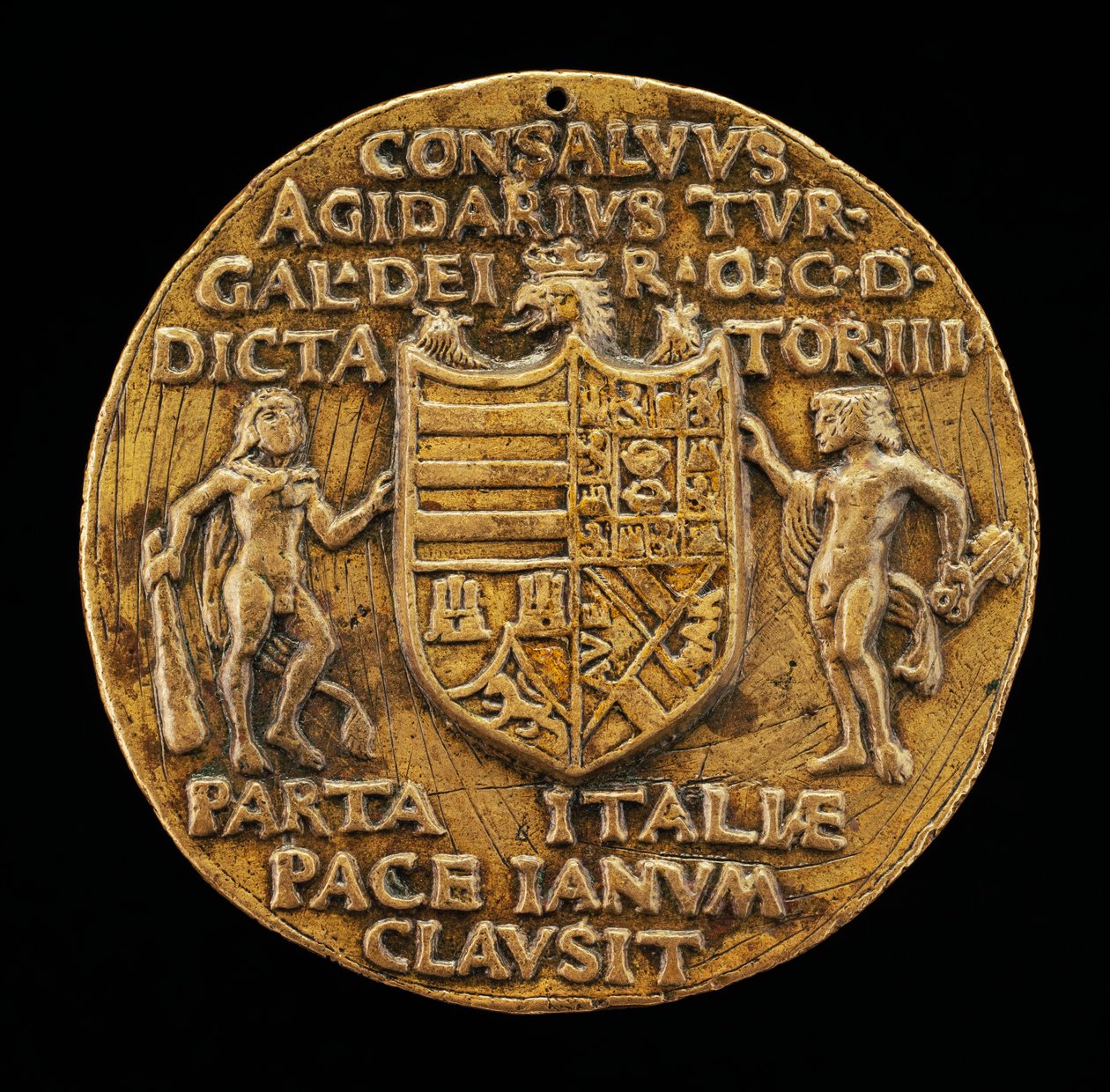 Tarcza podtrzymywana przez Herkulesa i Janusa [rewers], c. 1503. autorstwa Master of Coriolanus