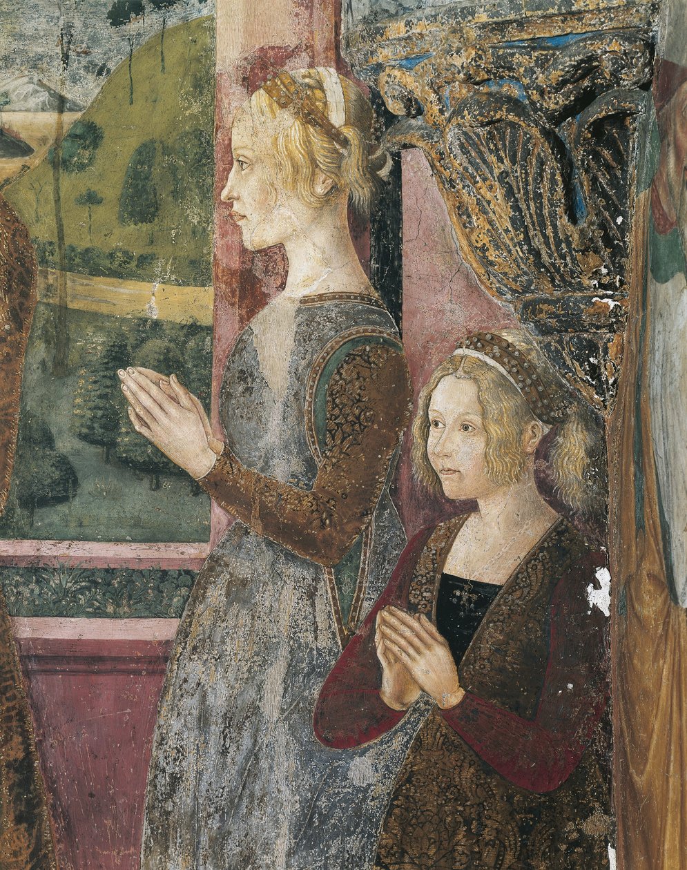 Włochy, region Piemont, prowincja Alessandria, Serralunga di Crea, Sacro Monte di Crea, sanktuarium Santa Maria Assunta, kaplica św. Małgorzaty z Antiochii, fresk przedstawiający Paleologo i Bernardę di Bosse autorstwa Master of Crea