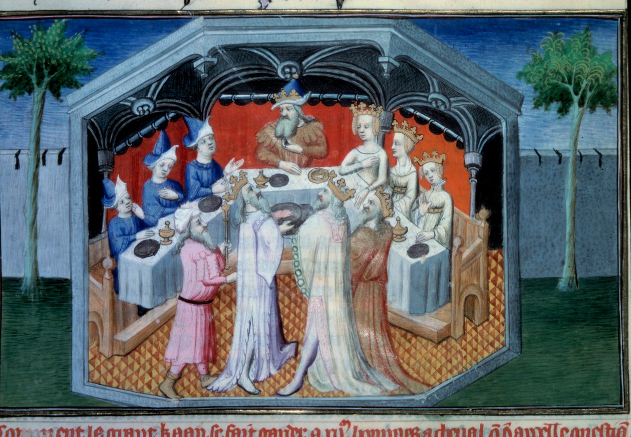 Os irmãos Nicolo e Matteo Polo, pai e tio do jovem Marco Polo (1254-1324) foram recebidos na corte do Qubilai (Kubilai Khan, primeiro imperador da dinastia mongol Yuan (1215-1294), imperador mongol em 1271”. Miniatura retirada de “” O polonês autorstwa Master of Egerton