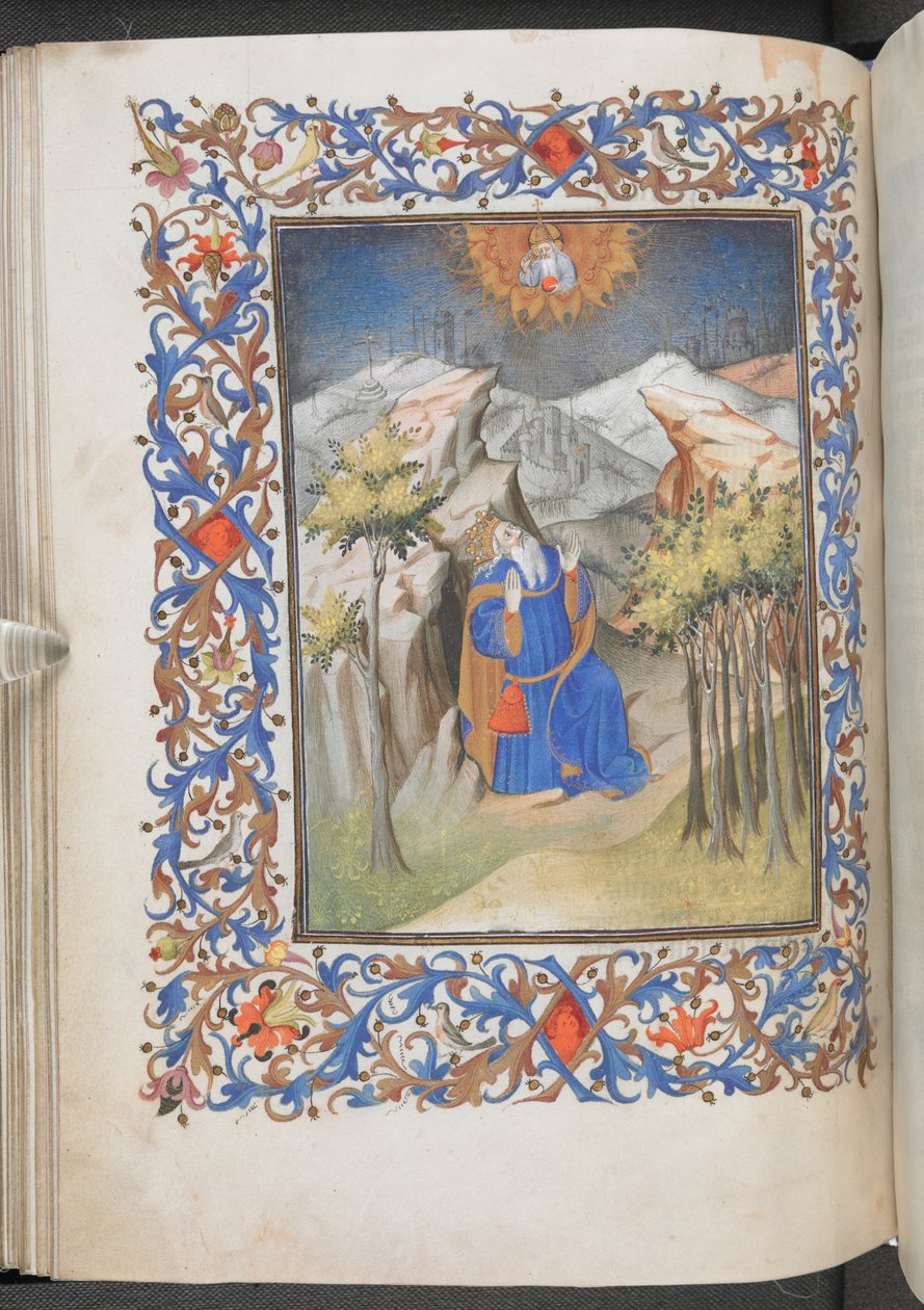 David podczas modlitwy, Godziny Anjou, Egerton 1070, f.44v (welin) autorstwa Master of Egerton