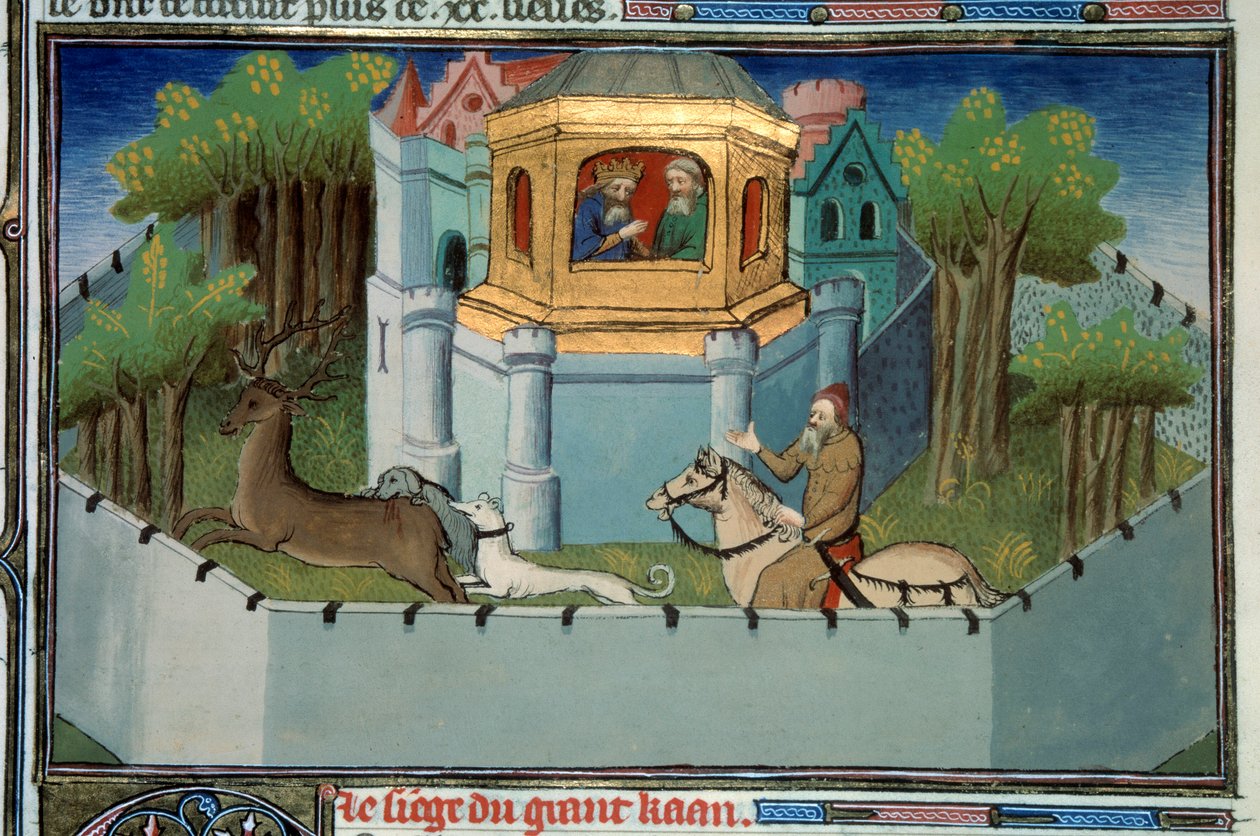 Pałac Gran Chana w Pekinie (Pekin) Są to Qubilai (Kubilai Khan, pierwszy cesarz mongolskiej dynastii Yuan (1215-1294) lub Czyngis-chan (1167-1227). Scena polowania. Miniatura zaczerpnięta z „” Księgi cudów Świat””” Ms. 2810 Folio 197v enlumin autorstwa Master of Egerton