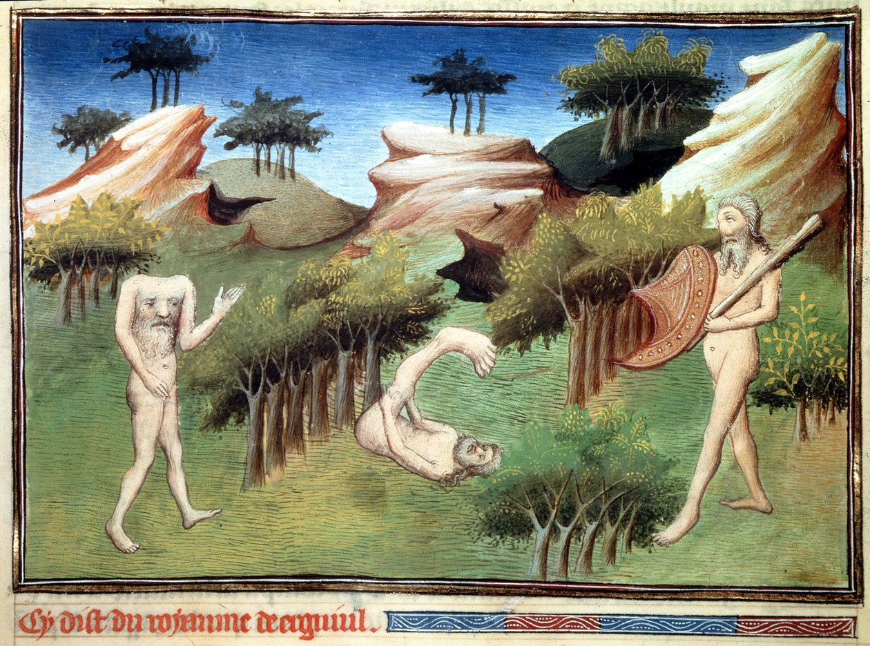 Potwory z Krainy Merkitów opisane przez Marco Polo. Miniatura zaczerpnięta z „Księgi cudów”” („”Devisement of the World”, „Il Milione””) autorstwa Marco Polo (1254-1324) zilustrowana przez Mistrza z Egerton autorstwa Master of Egerton