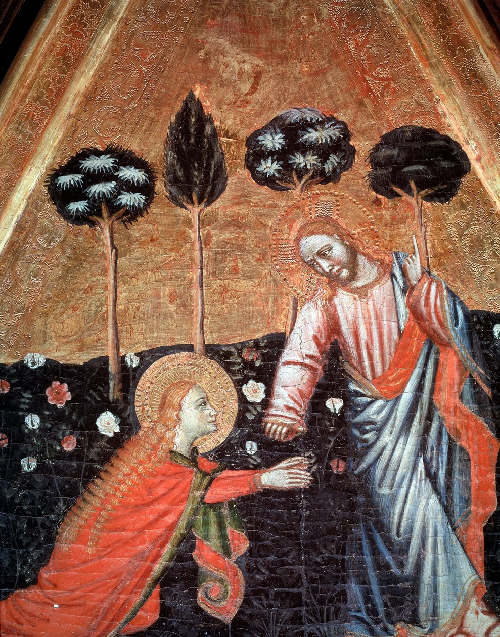 Noli me tangere (Ne me pas touche) Detail du tryptyk de saint Vincent de Estopinan del castillo (Tryptyk św. Wincentego z Estopinan del castillo) Painting du maitre de Estopanya (Malarstwo mistrza Estopina) 1350-1370 Barcelona, ​​​​Museu Narodowe d