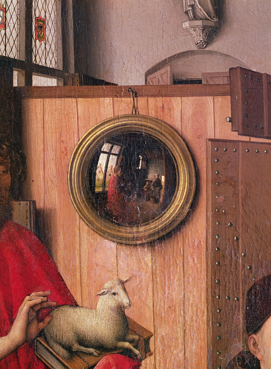 Św. Jan Chrzciciel i darczyńca, Heinrich von Werl, z Ołtarza Werl, detal lustra, ok. 1438 (zob. także 36923) autorstwa Master of Flémalle