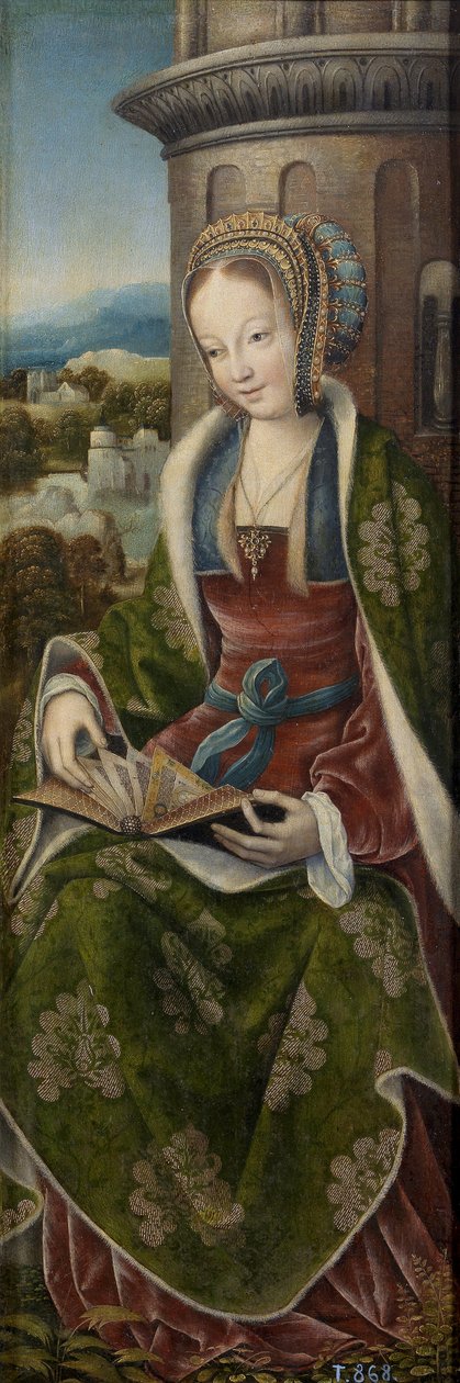 Barbe la grande martyre - Tryptyk Świętej Rodziny z Aniołami Muzykowymi. Prawy panel: Św. Barbara par Master z Frankfurtu (1460-ok. 1533), ok. 1510-1520 - Olej na drewnie, 79x27 - Museo del Prado, Madryt autorstwa Master of Frankfurt