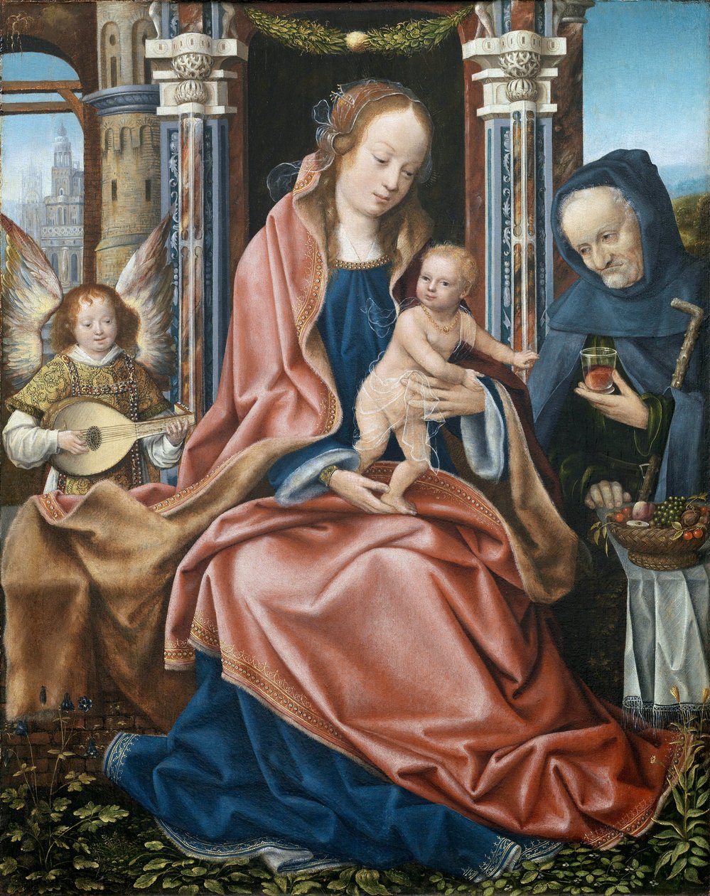 Święta Rodzina - Tryptyk Świętej Rodziny z aniołami wykonującymi muzykę - Panel centralny, obraz Mistrza z Frankfurtu (ok. 1460-1533), ok. 1510-1520 - Olej na drewnie, 78x60 - Museo del Prado, Madryt autorstwa Master of Frankfurt