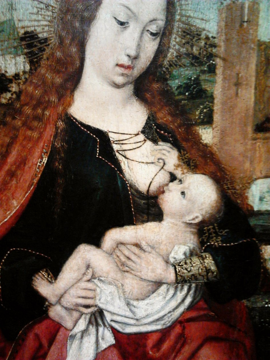Madonna z Dzieciątkiem ukoronowana przez dwa anioły (detal). autorstwa Master of Frankfurt