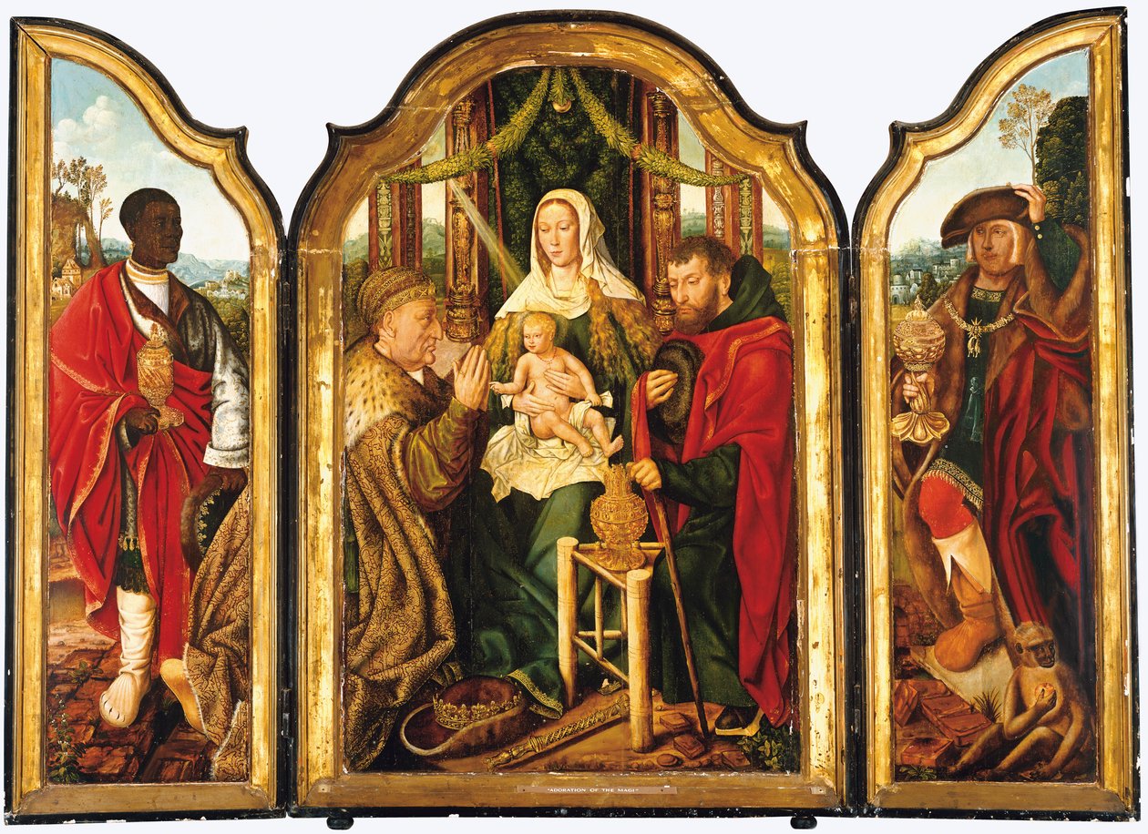 Święta Rodzina z Melchiorem ofiarowująca złoto Dzieciątku Jezus autorstwa Master of Frankfurt