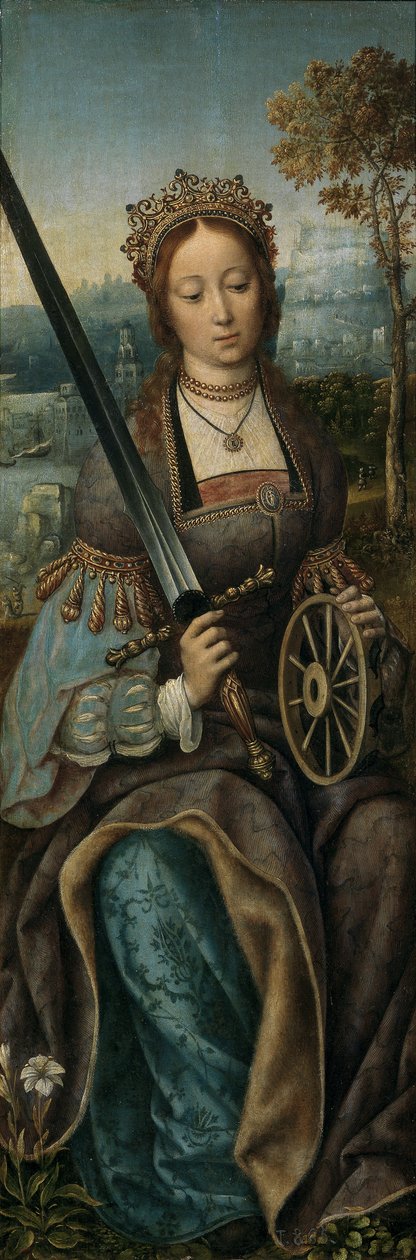 Tryptyk Świętej Rodziny z Aniołami Muzykowymi. Lewy panel: Św. Katarzyna, ok. 1510-1520 autorstwa Master of Frankfurt