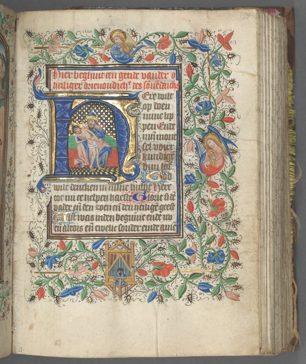 Księga godzin użytkowania Utrechtu: fol. 63r, inicjał z Trójcą Św. 1460-1465. autorstwa Master of Gijsbrecht van Brederode