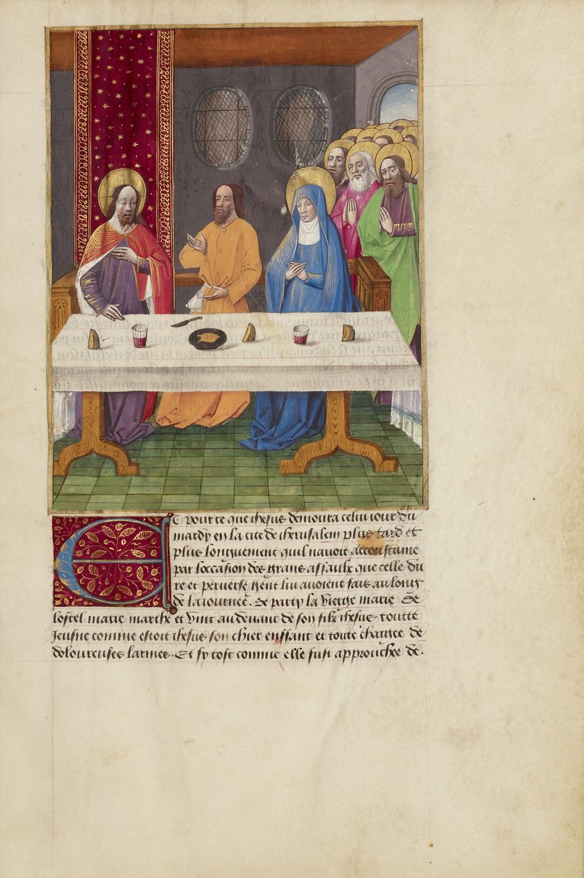 Judasz siedzący przy stole między Chrystusem a Dziewicą autorstwa Master of Guillaume Lambert