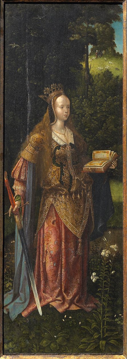Święta Katarzyna. Tryptyk Święta Rodzina z Aniołami i Świętymi Katarzyną i Barbarą, XVI w. autorstwa Master of Hoogstraeten
