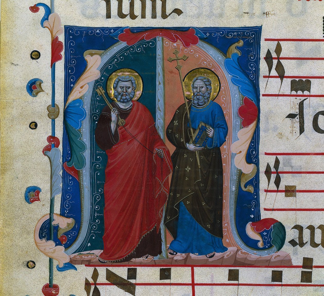 Kartka z Graduału z historycznym inicjałem (M): SS. Piotra i Andrzeja autorstwa Master of Isaac and Esau