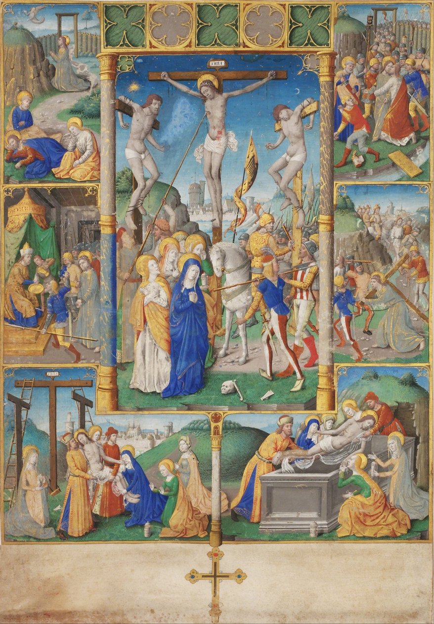 Ukrzyżowanie z sześcioma scenami z męki Chrystusa autorstwa Master of Jacques de Besançon