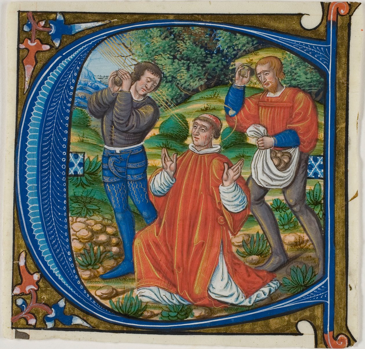Ukamienowanie św. Szczepana w historycznym inicjale „A” lub „C” z graduału autorstwa Master of Jacques de Besançon