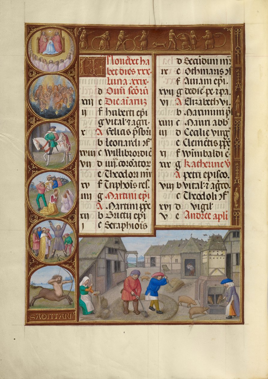 Listopadowa strona kalendarza; Młócenie i karmienie świń; Strzelec autorstwa Master of James IV of Scotland