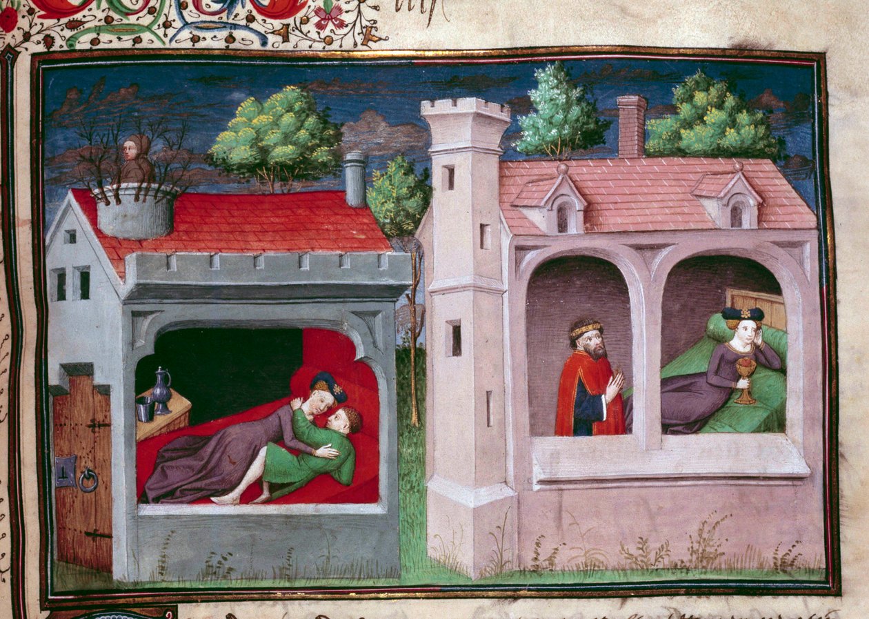 Wspaniała scena: dwie rozmawiające pary. Strona rękopisu w języku francuskim „Dekameronu” autorstwa Giovanniego Boccaccio dit Jean Boccace (1313-1375), włoskiego pisarza, zinlumowanego przez Mistrza Mansel. 1450. Paryż, Biblioteka Arsenału autorstwa Master of Jean Mansel
