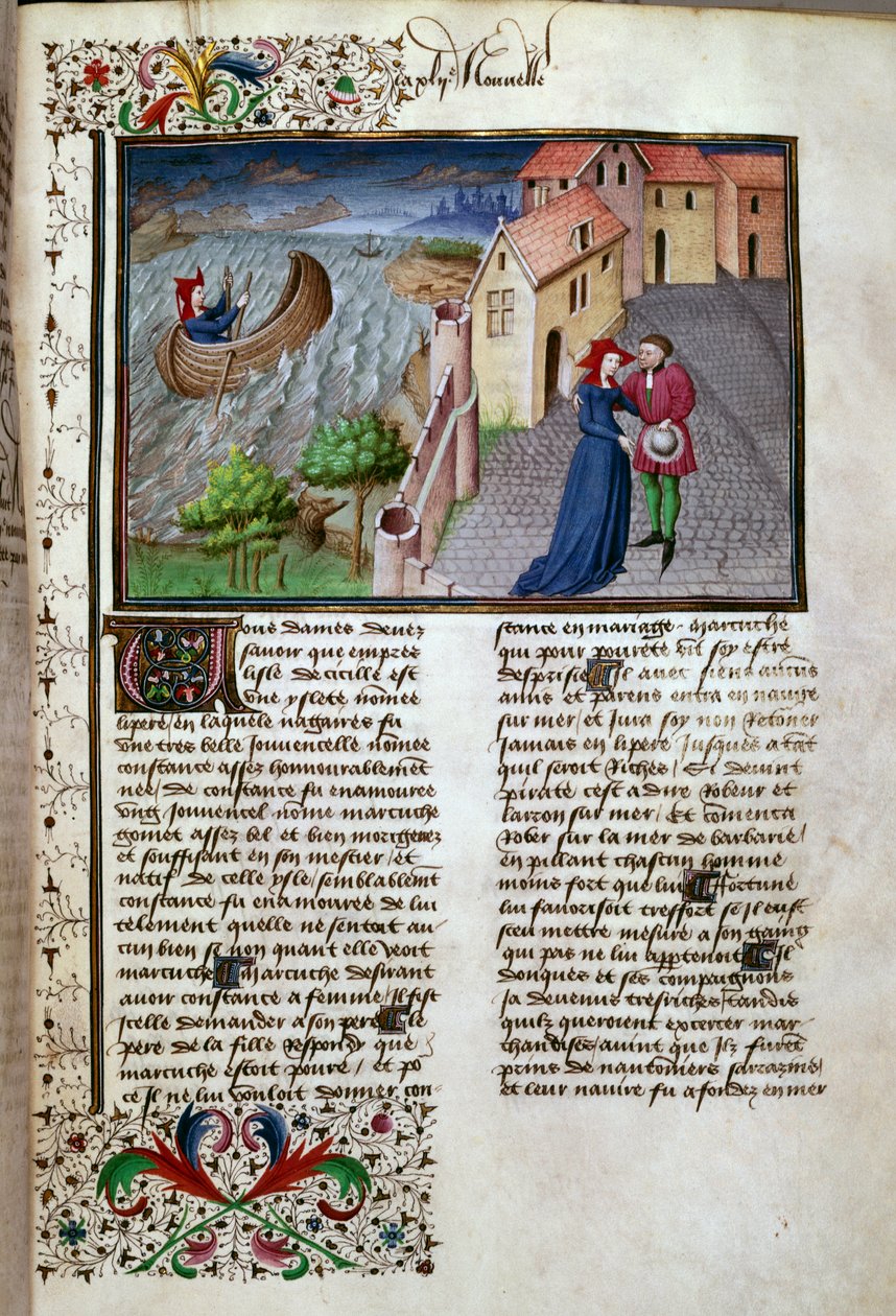 Strona pożegnalna zaczerpnięta z rękopisu w języku francuskim z „Dekameronu” autorstwa Giovanniego Boccaccio dit Jean Boccaccio (1313-1375), włoskiego pisarza, iluminowana przez Mistrza Mansel. 1450. Paryż, Biblioteka Arsenału autorstwa Master of Jean Mansel