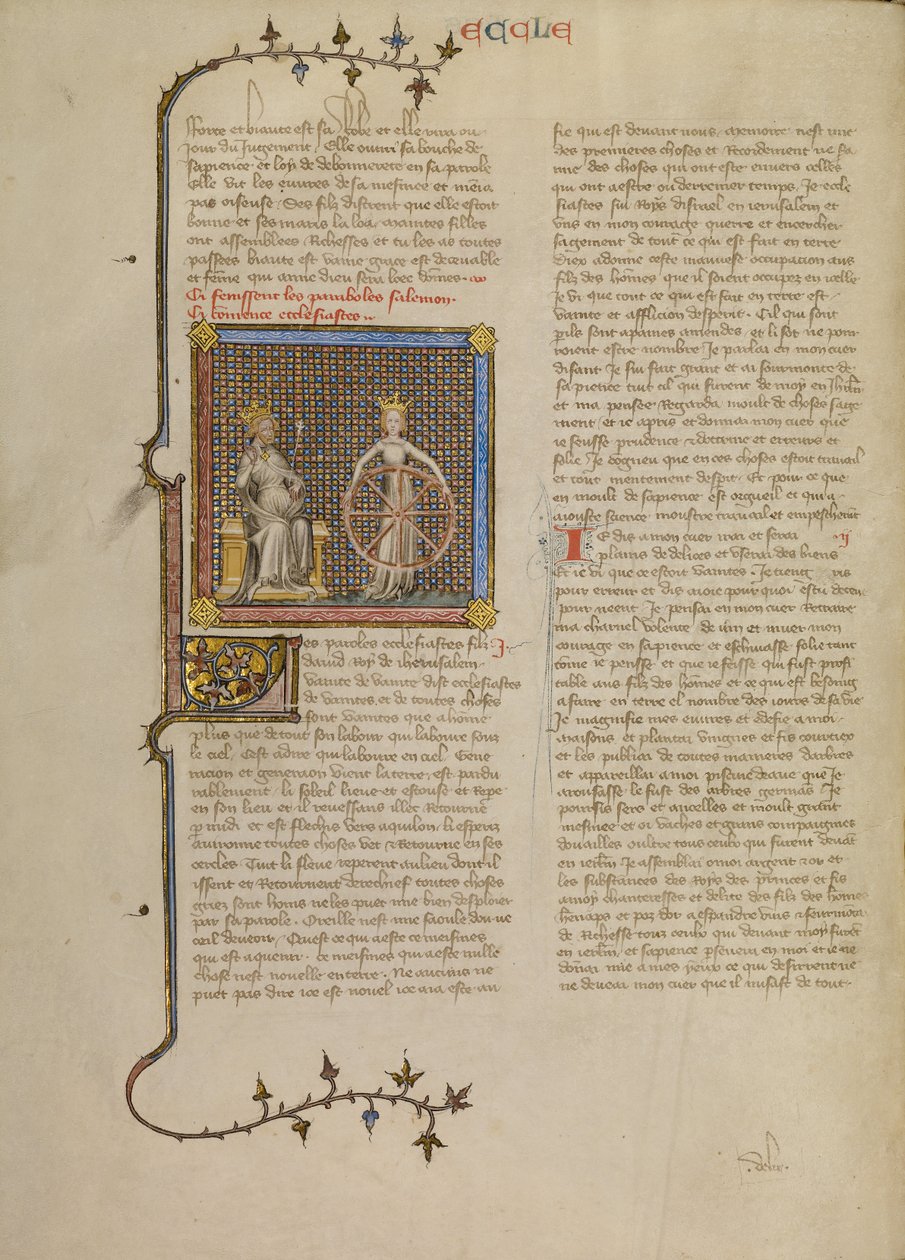 Salomon z ukoronowaną postacią kobiecą trzymającą koło ilustrujące zmianę pór roku autorstwa Master of Jean de Mandeville