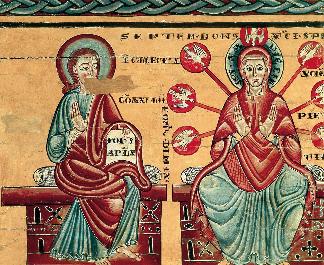 Maryja otrzymująca dary Ducha Świętego, detal (tempera na drewnie) autorstwa Master of Lluca
