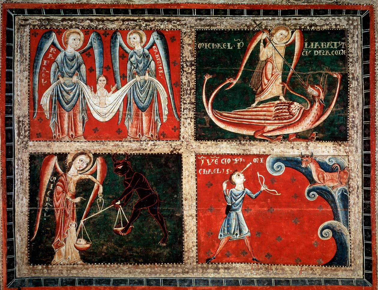 Archaniołowie Rafael, Michel i Gabriel (Archaniołowie Michał, Gabriel i Rafael) Obraz mistrza Llussa (Obraz mistrza Llussa) 1220-1250 Z klasztoru Santa Maria de Lluca, Hiszpania Barcelona Museu Nacional d