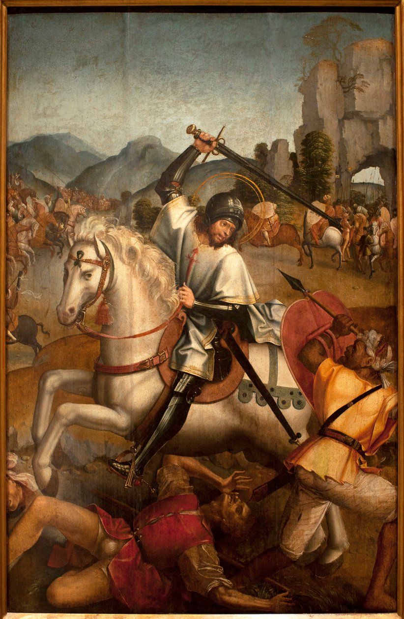 Saint Jacques combat les moures - Obraz attribuee au maitre de Lourinha, olej na desce, ok. 1520 (św. Jakub walczący z wrzosowiskami, autorstwa mistrza z Lourinha, olej na desce, ok. 1520) - Muzeum Sztuki Starożytnej w Lizbonie (Portugalia) autorstwa Master of Lourinha