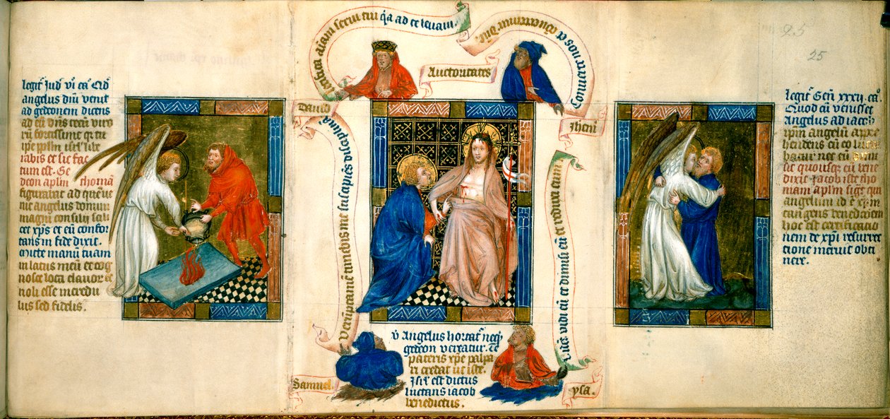 Trzy sceny przedstawiające „Chrystusa przekonującego Tomasza”, „Ofiarę Gideoma” i „Jakub zmagający się z aniołem”, ilustracja z „Biblia Pauperum” autorstwa Master of Margaret of Cleves