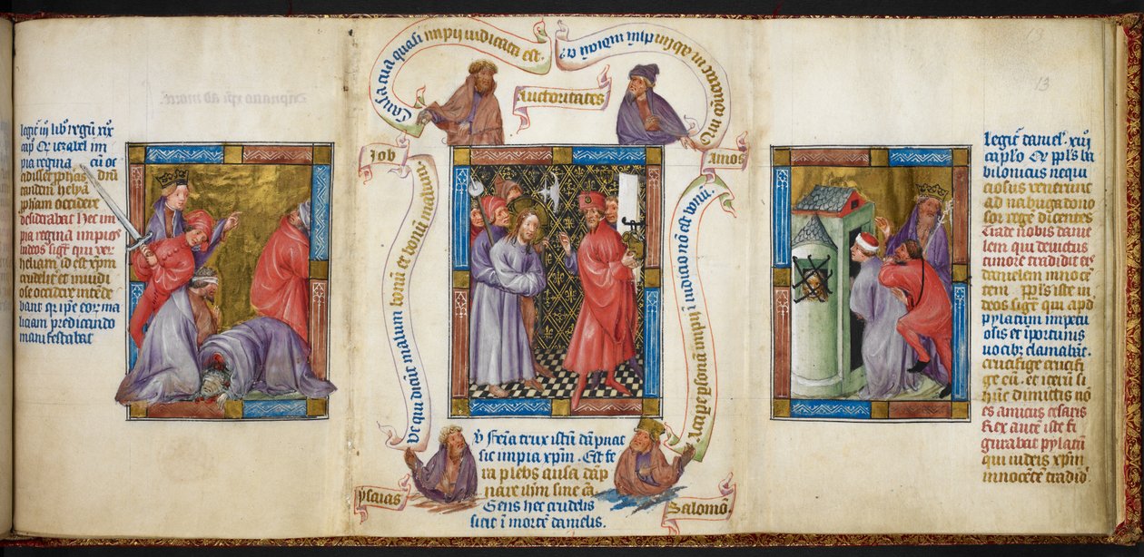 Trzy sceny przedstawiające „Zabicie proroków”, „Chrystusa przed Piłatem” i „Więzienie Daniela”, ilustracja z „Biblia Pauperum” autorstwa Master of Margaret of Cleves