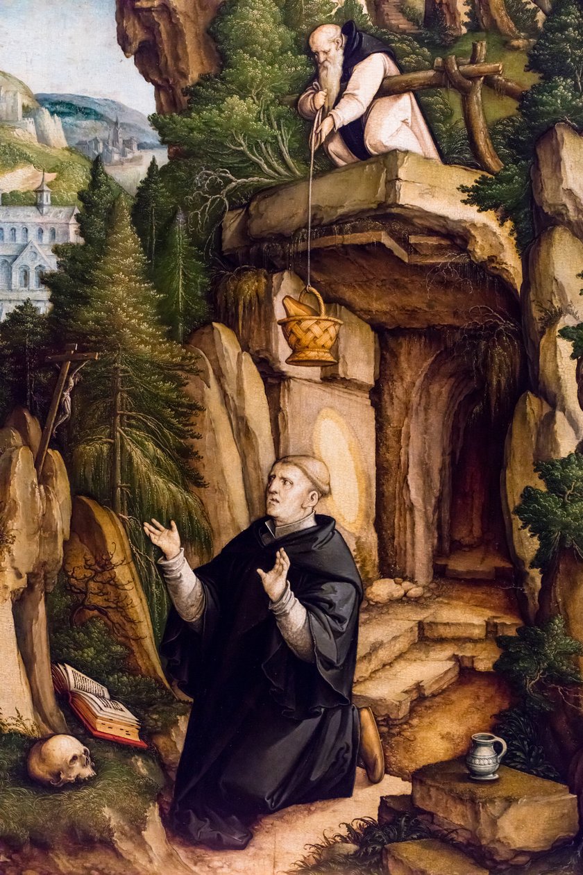Święty Benedykt jako modlący się pustelnik, ok. 1540 (tempera i olej na drewnie (basswood)) autorstwa Master of Messkirch
