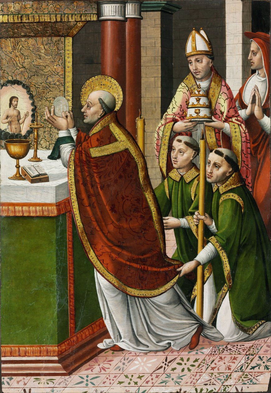 Msza św. Grzegorza Wielkiego - Mistrza z Portillo (czynna 1520-1530) - ok. godz. 1520 - Tempera na panelu - 96,2x66,5 - Muzeum Szepmuveszeti, Budapeszt autorstwa Master of Portillo