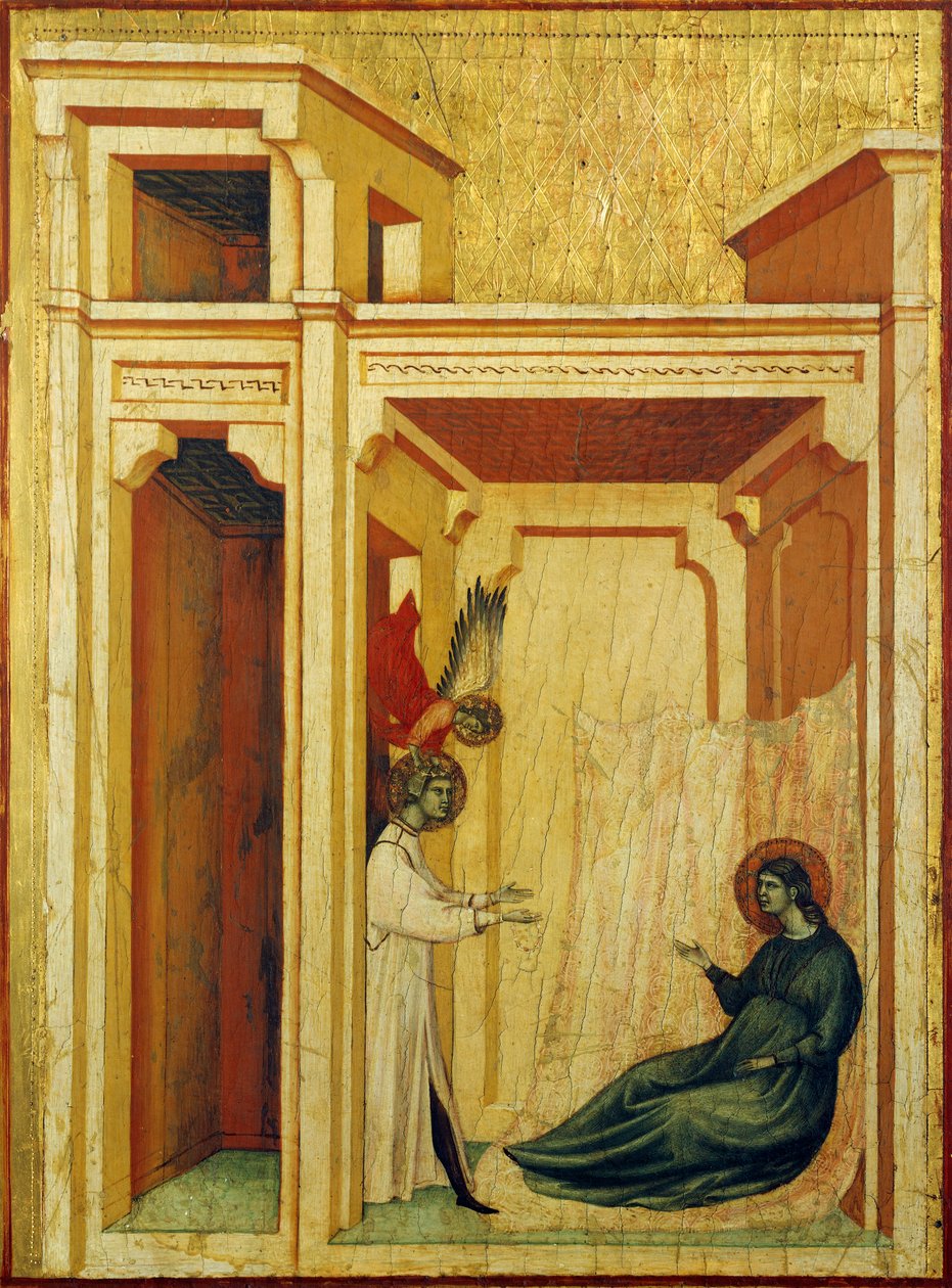 Anioł koronujący waleriana z różami i liliami, fragment ołtarza przedstawiającego Legendę św. Cecylii, ok. 1304 r. Mistrza św. Cecylii (aktywny początek XIV w.), tempera na desce i złoty płatek tłoczony, 85x181 cm autorstwa Master of Saint Cecilia