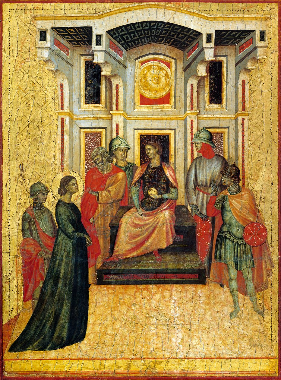 Św. Cecylia kontrastujące sprawy wiary z prefektem, detal z ołtarza przedstawiającego Legendę św. Cecylii, ok. 1304 r., mistrza św. Cecylii (czynny na początku XIV w.), tempera na desce i tłoczony złoty płatek, 85x181 cm autorstwa Master of Saint Cecilia