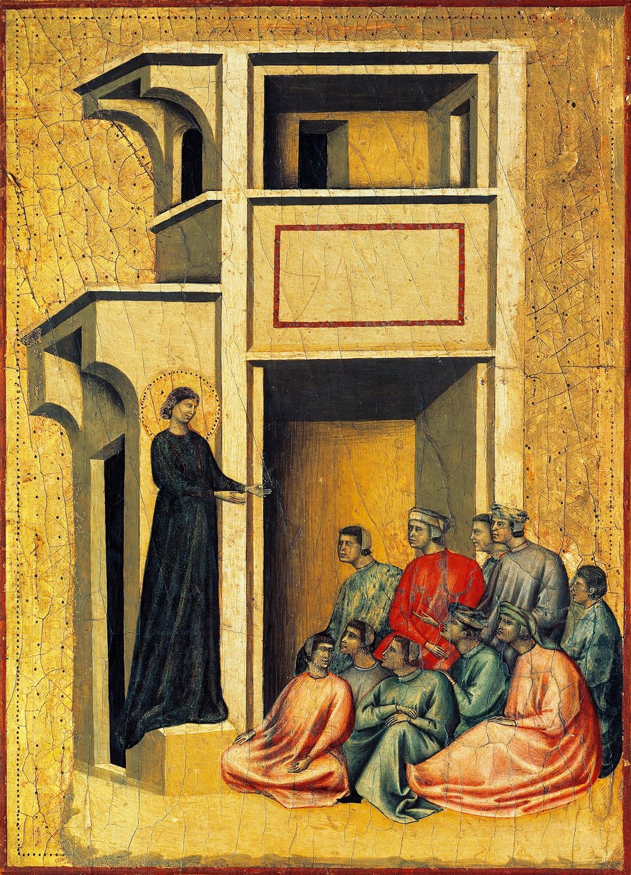 Św. Cecylia nawracająca żołnierzy prefekta, fragment ołtarza przedstawiającego Legendę św. Cecylii, ok. 1304 r., mistrz św. Cecylii (aktywny początek XIV w.), tempera na desce i tłoczony złoty płatek, 85x181 cm autorstwa Master of Saint Cecilia