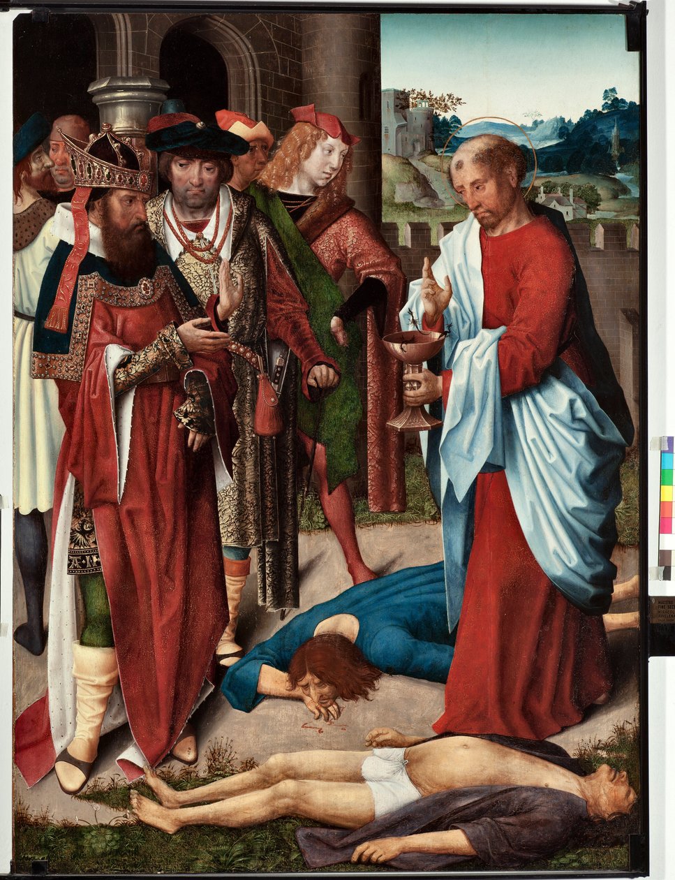 Odcinek z życia św. Jana Ewangelisty: „Cud kielicha trucizny” (Życie św. Jana Ewangelisty, św. Jan pije kielich trucizny) Obraz mistrza San Giovanni ewangelista (św. Jan Ewangelista) (koniec XV wieku) wym. 120x90 cm Gen autorstwa Master of Saint John Evangelist