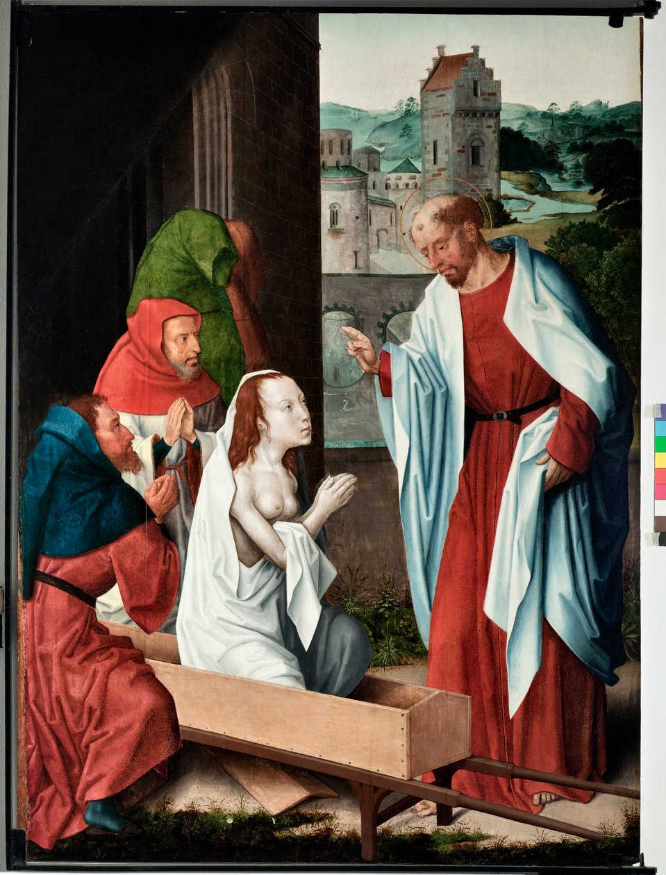 Epizod z życia św. Jana Ewangelisty: „”Zmartwychwstanie Druzjany”” (Życie św. Jana Ewangelisty, zmartwychwstanie Druzjany) Obraz mistrza San Giovanni ewangelista (św. Jan Ewangelista) (koniec XV w.) Dim 120x90 cm Geny, autorstwa Master of Saint John Evangelist