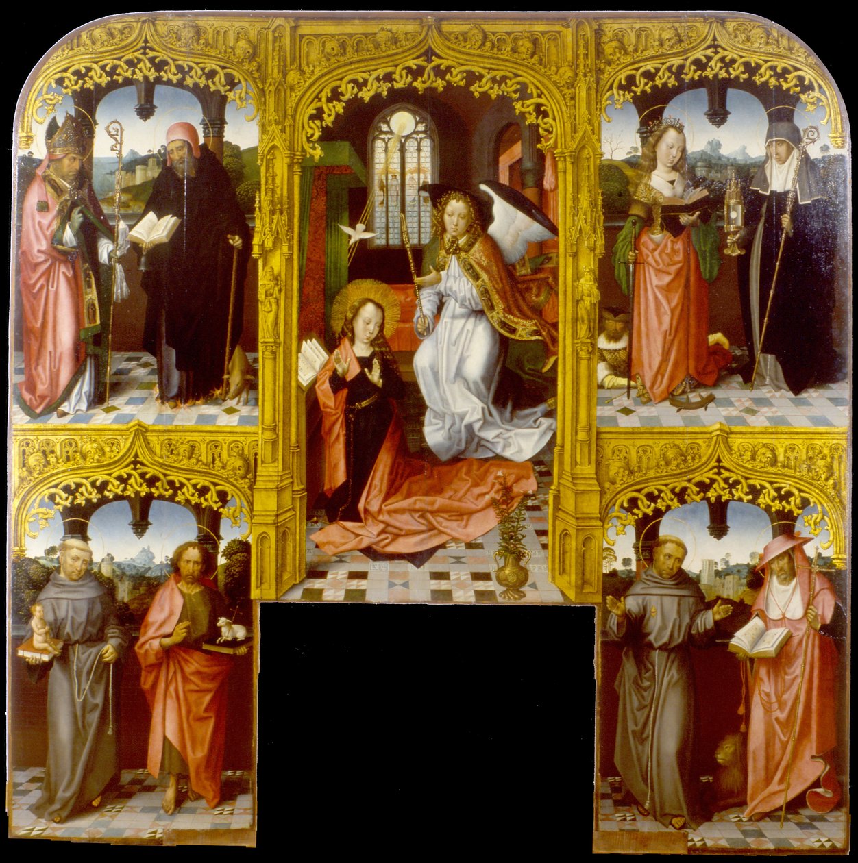 Zwiastowanie ze św. Łazarzem i Antoniuszem Opatem, Katarzyną Aleksandryjską i Chiarą, Antonim Padewskim i Janem Chrzcicielem, Franciszkiem i Hieronimem autorstwa Master of Saint John the Evanglist