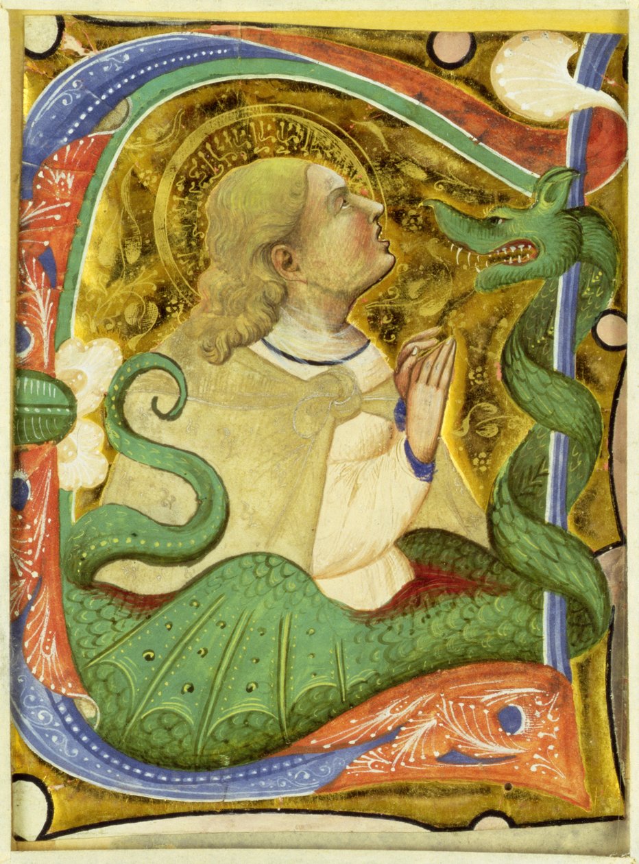 Historiowany inicjał "C" przedstawiający św. Małgorzatę autorstwa Master of San Michele of Murano