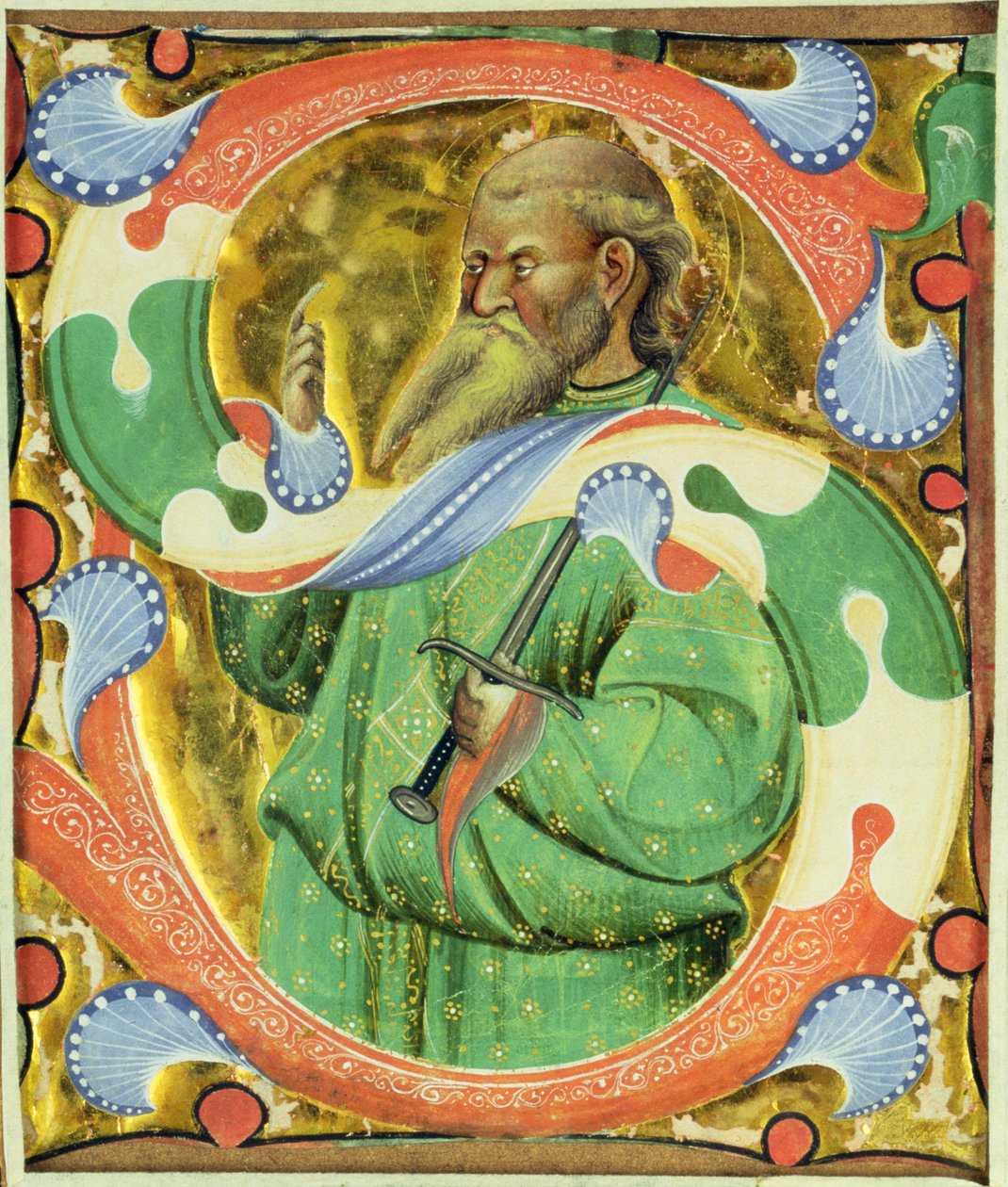 Historyczny inicjał „S” przedstawiający św. Pawła autorstwa Master of San Michele of Murano