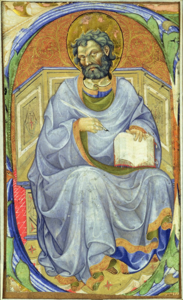 Historyczny inicjał „S” przedstawiający siedzącego ewangelistę autorstwa Master of San Michele of Murano