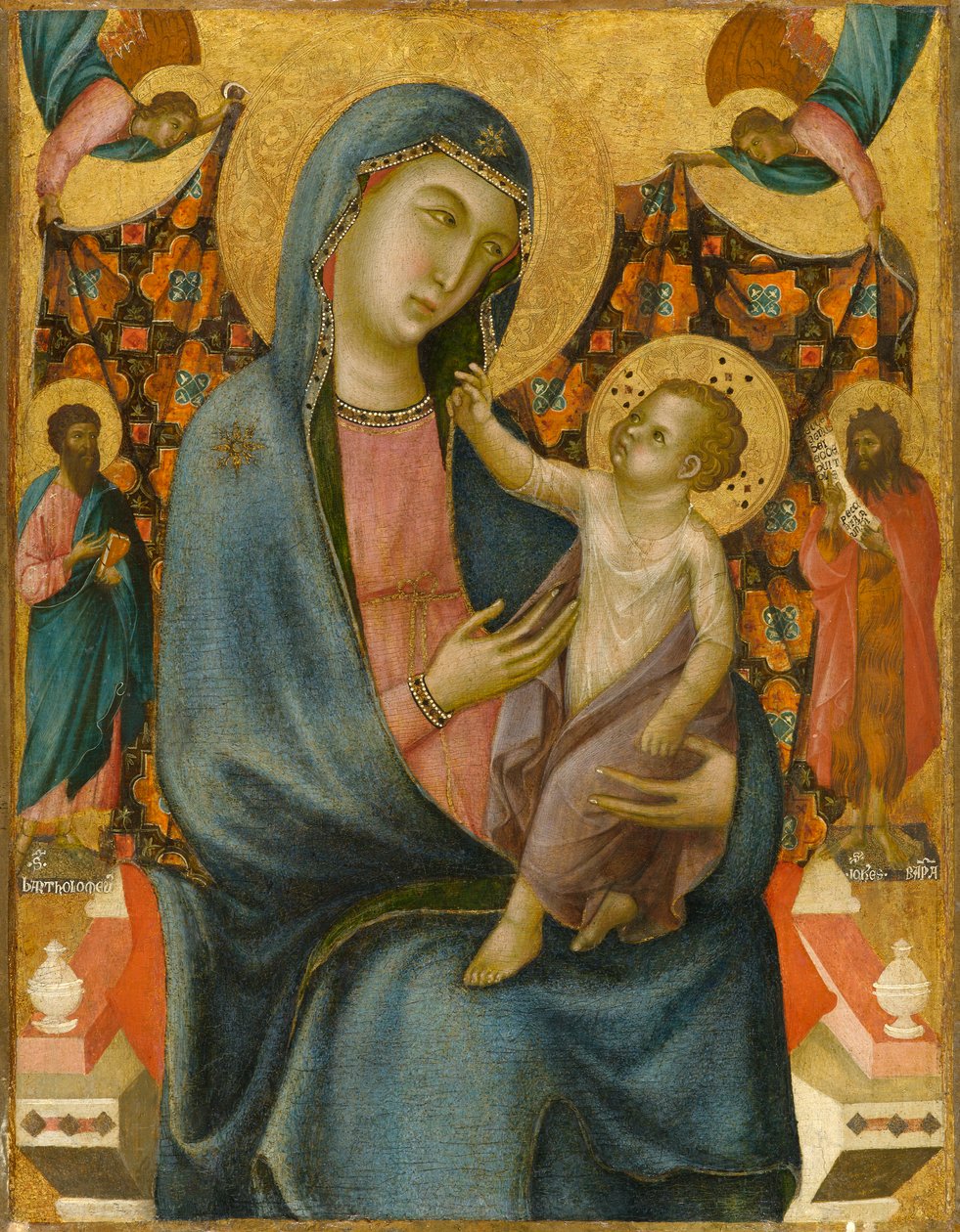 Madonna z Dzieciątkiem ze św. Bartłomieja i św. Janem Chrzcicielem, ok. 1320 (tempera i złoty płatek na desce, przeniesione na płótno) autorstwa Master of San Torpe