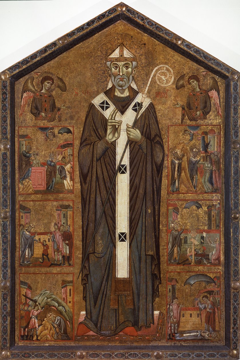 Święty Weran między dwoma aniołami i sześcioma opowieściami swojej legendy, koniec XIII wieku autorstwa Master of San Verano