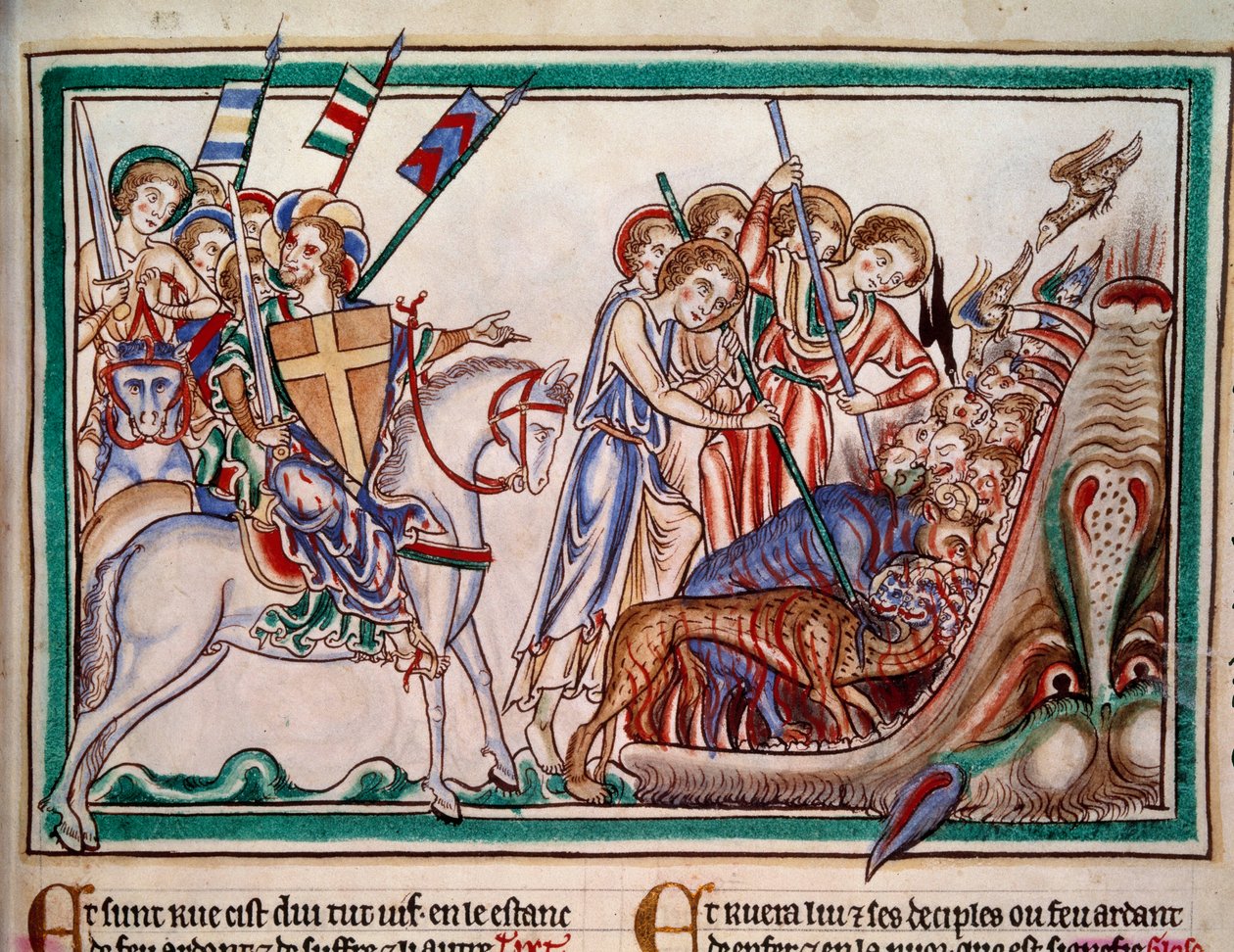 Pan i Jego armia (ost) strącają Betę i Jego czcicieli do piekła. Miniatura z rękopisu „” Apocalypse historiee”, Folio 38. 1250. Iluminacja Mistrza Sarum. Paryż, Holandia autorstwa Master of Sarum
