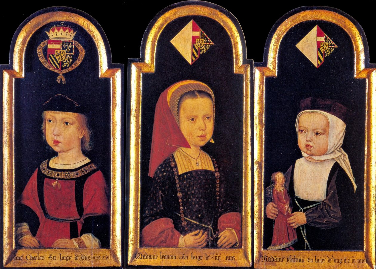 Arcyksiążę Karol, późniejszy cesarz rzymski Karol V, z siostrami Eleanor i Izabelą w wieku 2 lat, 1502 autorstwa Master of St.Georgsgilde