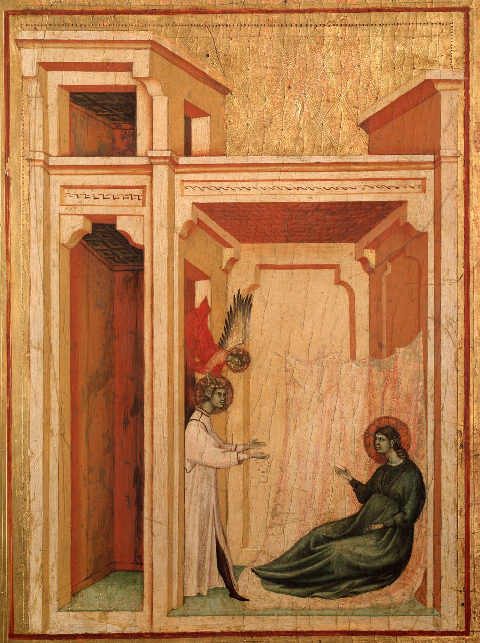 Św. Cecylia i historia jej życia Szczegół: Anioł przynosi kwiaty Walerianowi - ołtarz, ok. 1290-1320 autorstwa Master of St. Cecilia