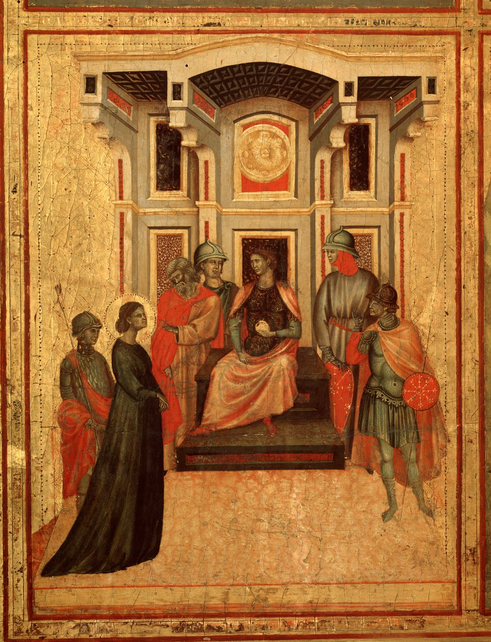 Św. Cecylia i historia jej życia Szczegół: Św. Cecylia kłócąca się z prefektem - ołtarz, ok. 1290-1320 autorstwa Master of St. Cecilia