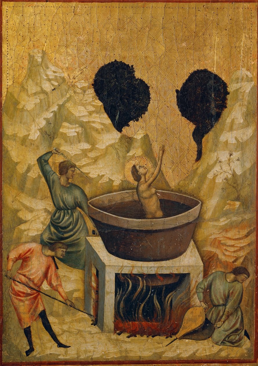 Męczeństwo św. Cecylii pogrążonej w wannie z wrzącą wodą (tempera na drewnie, koniec XIII-pocz. XIV w.) autorstwa Master of St. Cecilia