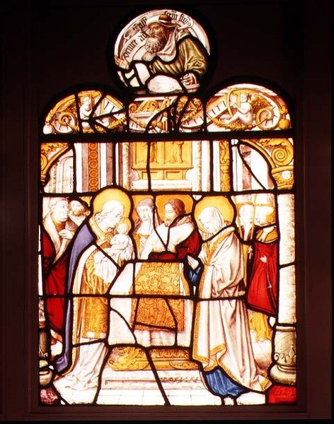 Ofiarowanie w świątyni; okno z opactwa cystersów Mariawald, Eifel autorstwa Master of St. Severin