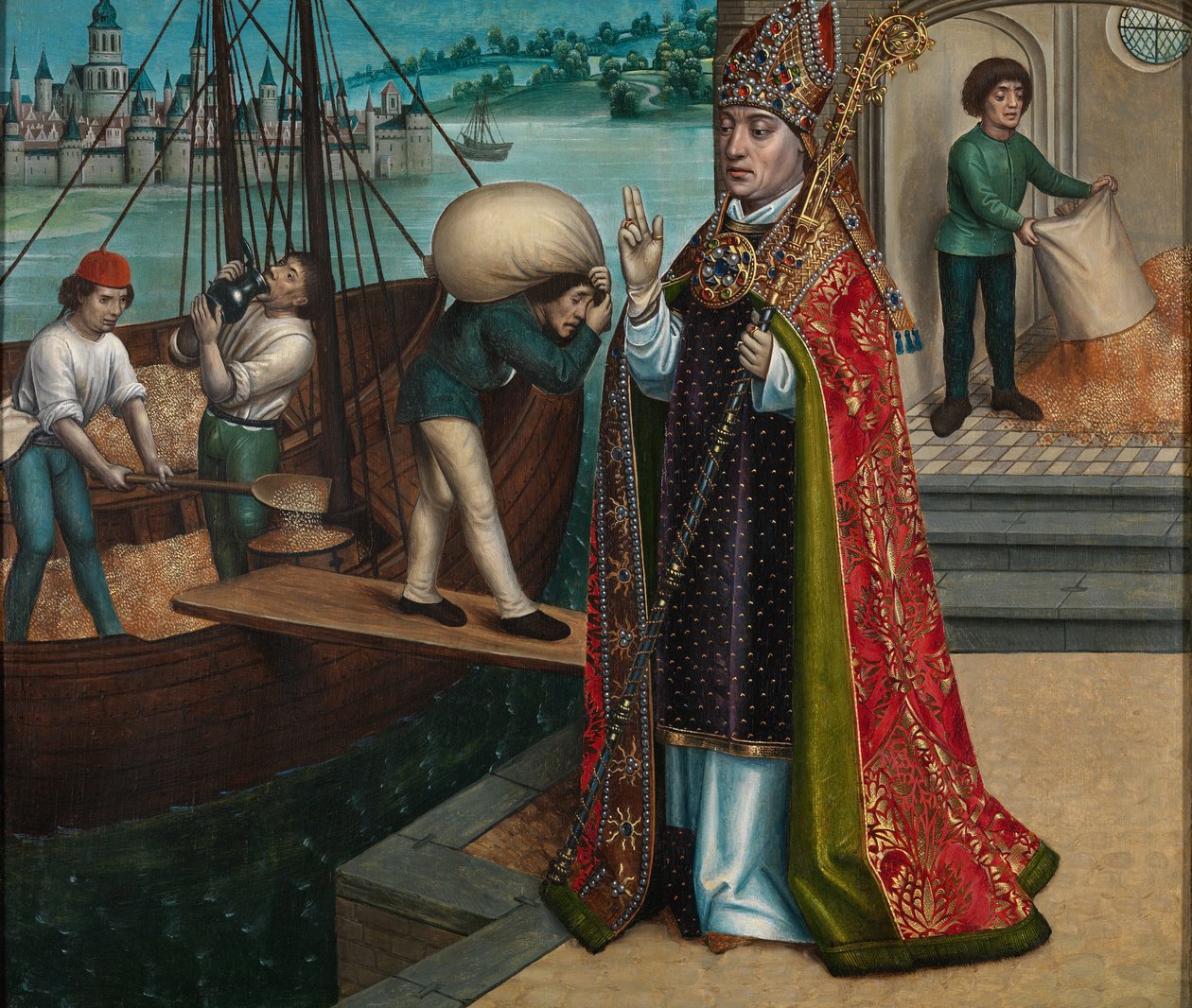Cud zboża, z ołtarza św. Mikołaja, ok. 1486-93 (olej na desce) autorstwa Master of The Legend of St. Lucy