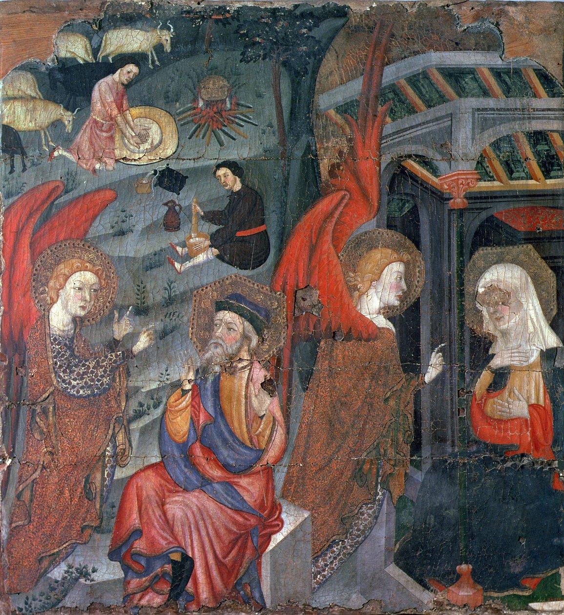Zwiastowanie z pasterzami robiącymi ser w tle, z ołtarza poświęconego Matce Boskiej, z Tora, Segarra, Lleida (tempera na desce) autorstwa Master of Tora