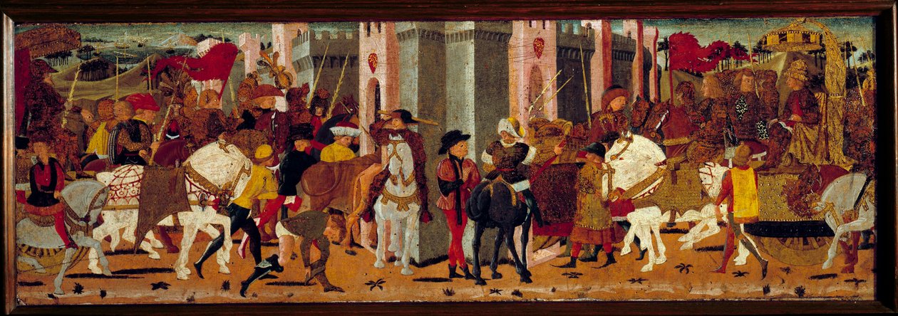 Triumfalny wjazd cesarza rzymskiego Wespazjana (9-79) i jego syna Tytusa do Rzymu. Detrempe na drewnie Master De Tournon De Sainte Croix autorstwa Master of Tournon de Sainte Croix